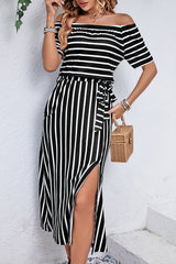 Perfee Slit Off-Shoulder Tie-Waist Midi Dress