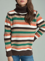 Contrast Stripes Turtleneck Long Sleeve Sweater