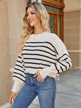 Round Neck Striped Lantern Sleeve Sweater