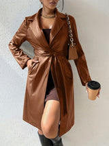 Tied PU Leather Long Sleeve Trench Coat