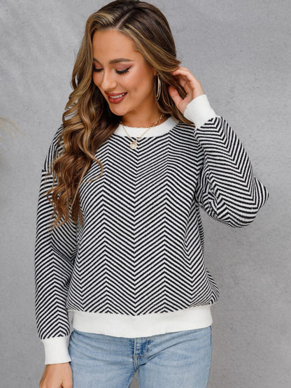 Angel Wings Chevron Ribbed Trim Dropped Shoulder Knit Pullover