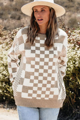 Checkered Round Neck Long Sleeve Sweater