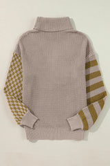 Checkered Striped Turtleneck Long Sleeve Sweater