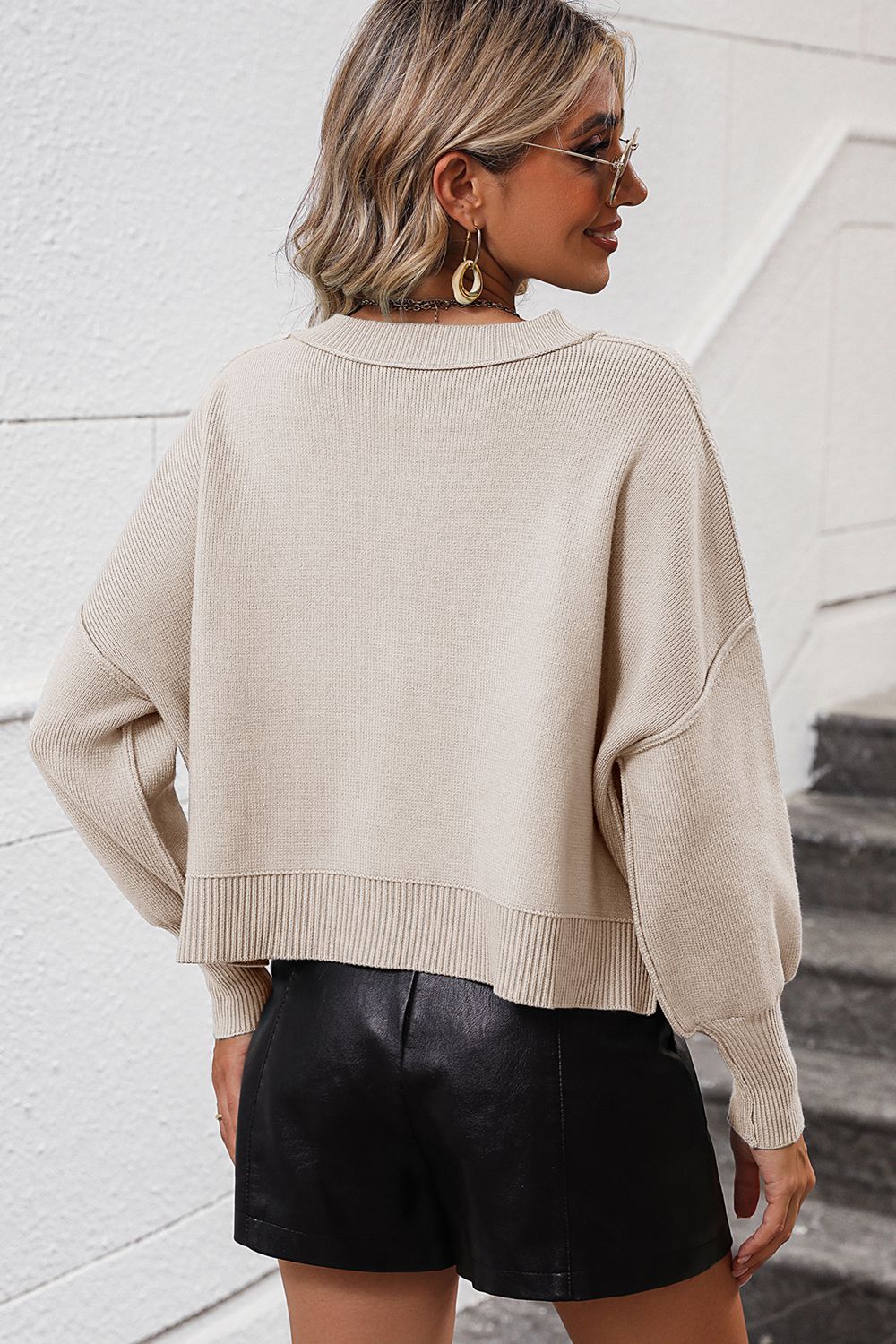 Round Neck Dropped Shoulder Pullover Sweater