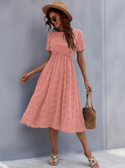 Honey Printed Round Neck Short Sleeve Midi Dress