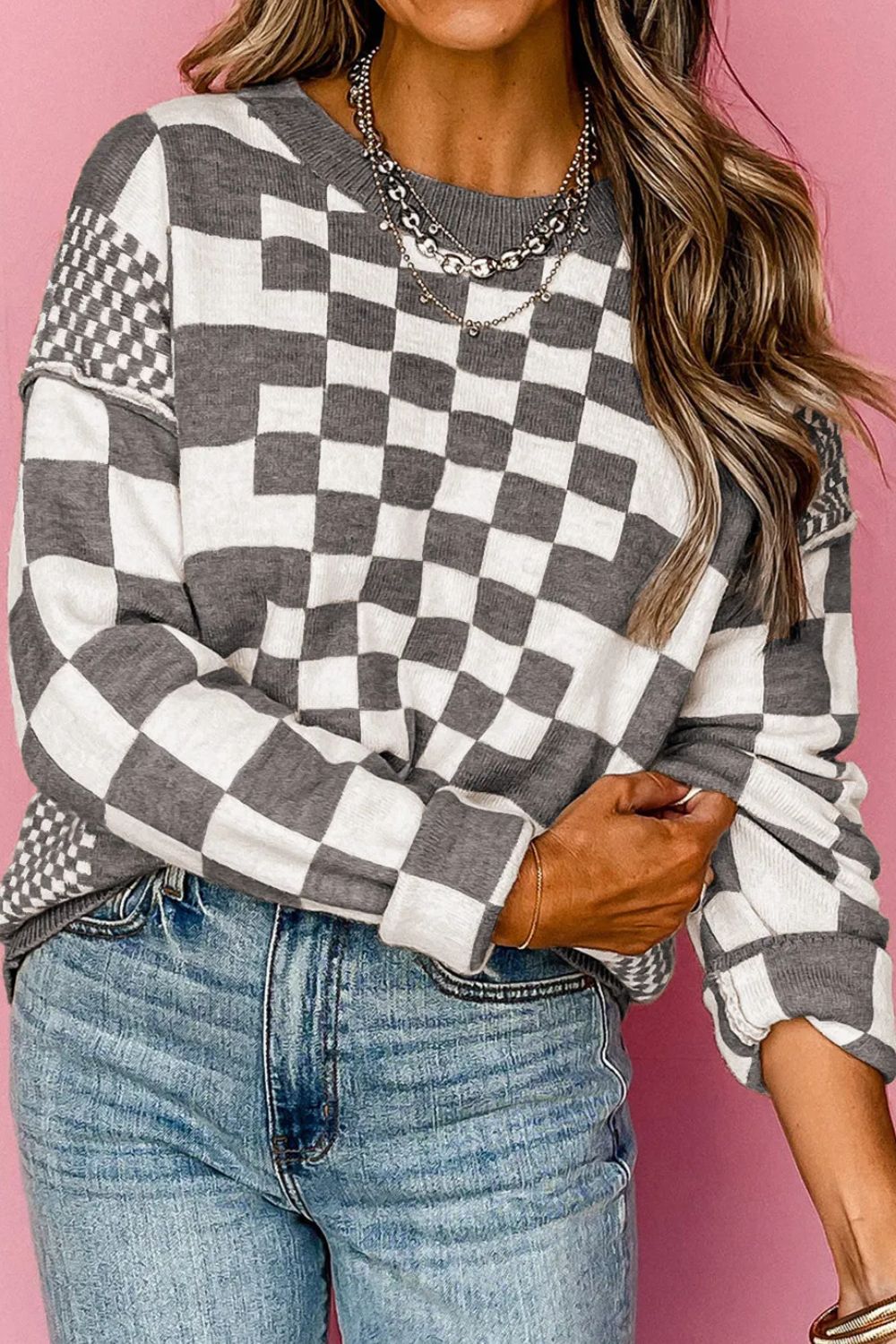 Checkered Round Neck Long Sleeve Sweater