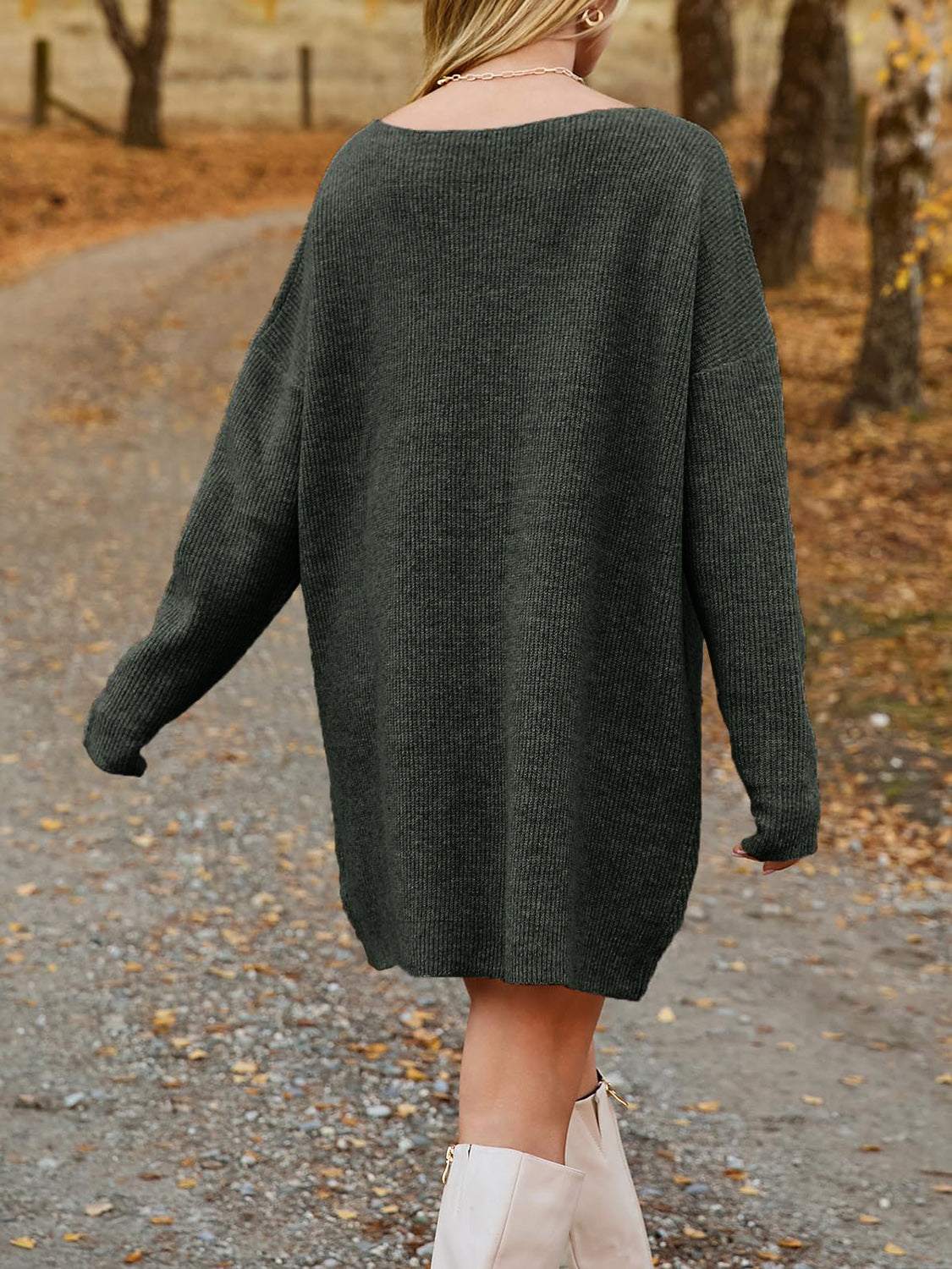 V-Neck Dropped Shoulder Sweater Dress