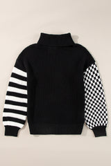 Striped & Checkered Turtleneck Dropped Shoulder Sweater