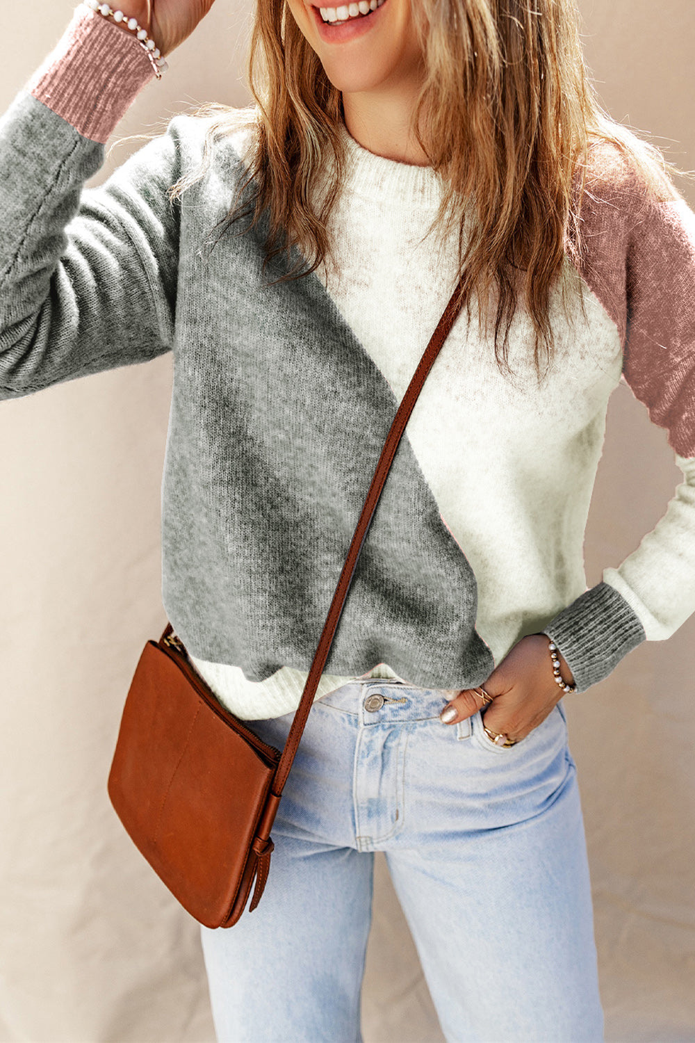 Color Block Round Neck Dropped Shoulder Pullover Sweater