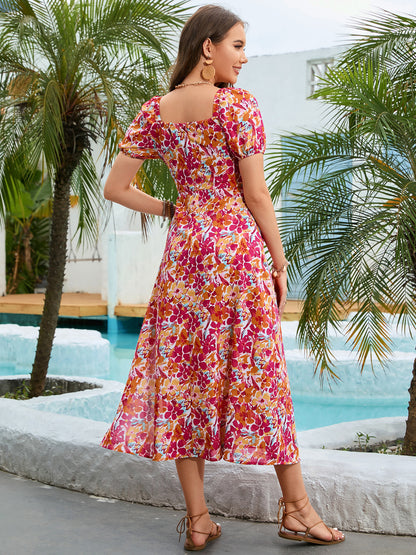 Floral Square Neck Short Sleeve Midi Dress