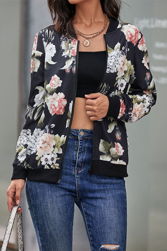 Perfee Floral Print Zip Up Bomber Jacket