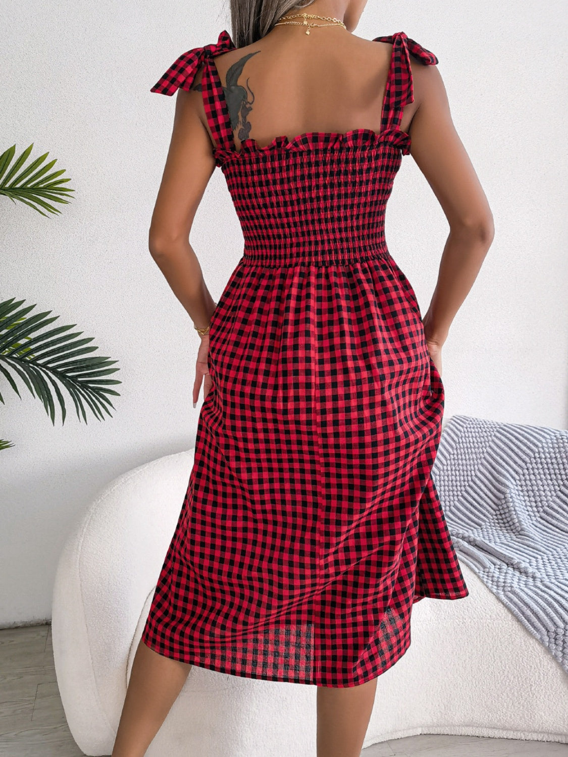 Frill Plaid Square Neck Midi Dress