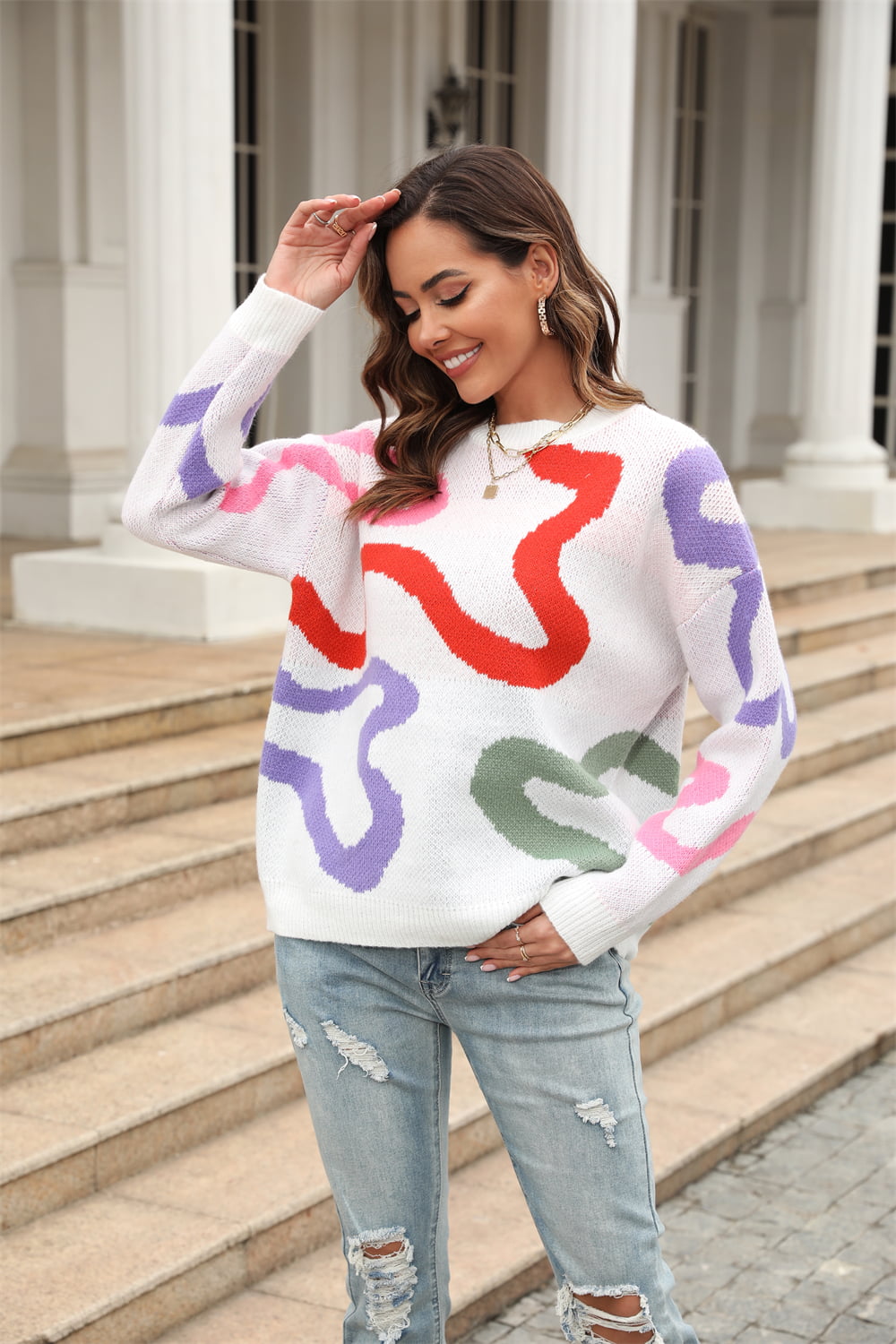 Angel Wings Printed Round Neck Dropped Shoulder Pullover Sweater