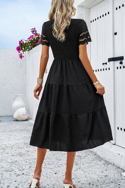 Devine Smocked Round Neck Short Sleeve Midi Dress