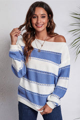 Striped Boat Neck Dropped Shoulder Sweater