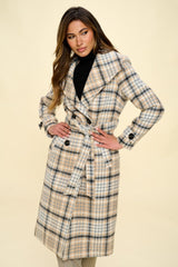 Coalition LA Double-Breasted Plaid Coat with Belt