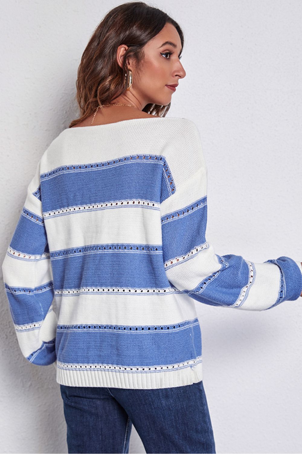 Striped Boat Neck Dropped Shoulder Sweater