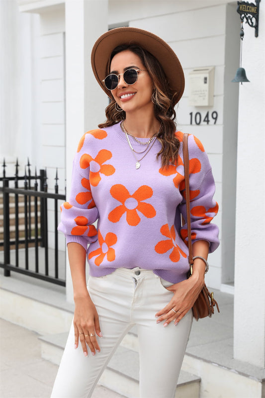 Angel Wings Floral Print Round Neck Dropped Shoulder Pullover Sweater