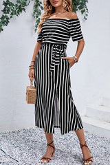 Perfee Slit Off-Shoulder Tie-Waist Midi Dress