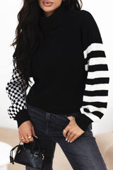 Striped & Checkered Turtleneck Dropped Shoulder Sweater